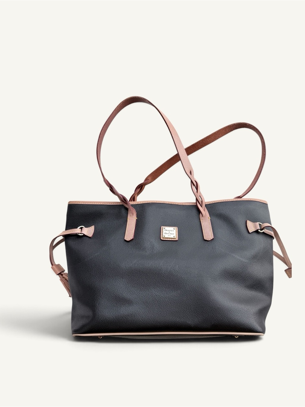 Dooney & Bourke Black Pebbled Leather Side-Tie Tote Tan Trim